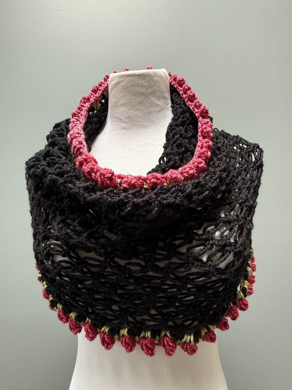 Black Crochet Cowl/Shawl with Burgundy/Red Roses